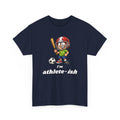 Navy blue t-shirt with a cartoon character holding a baseball bat and soccer ball, and text 'I'm athlete-ish' on a white background.
