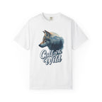 Artistic wolf portrait with mountain landscape double exposure and the phrase ‘Call of the Wild’ in bold script.