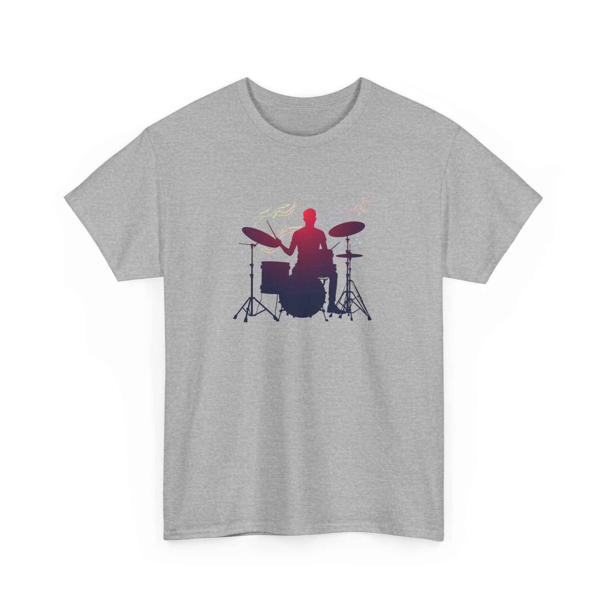 Drummer Silhouette T‑Shirt — Gradient Drum Kit Tee for Musicians & Band Fans
