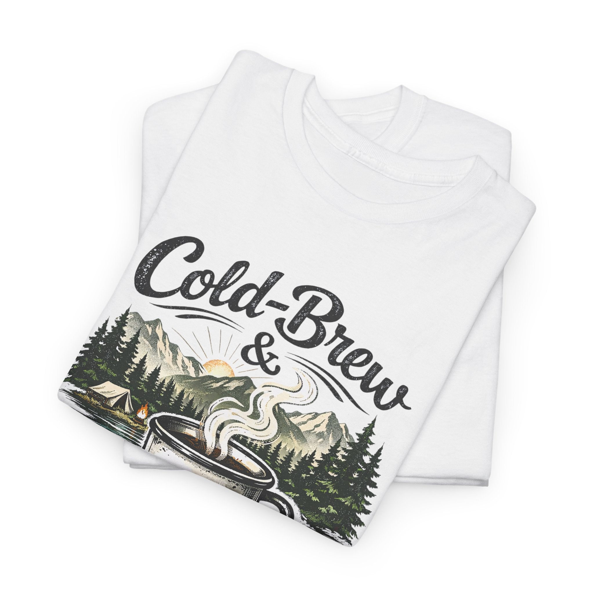Cold-Brew & Cascades Tee — Vintage Coffee and Hiking Pine Forest Graphic T-Shirt