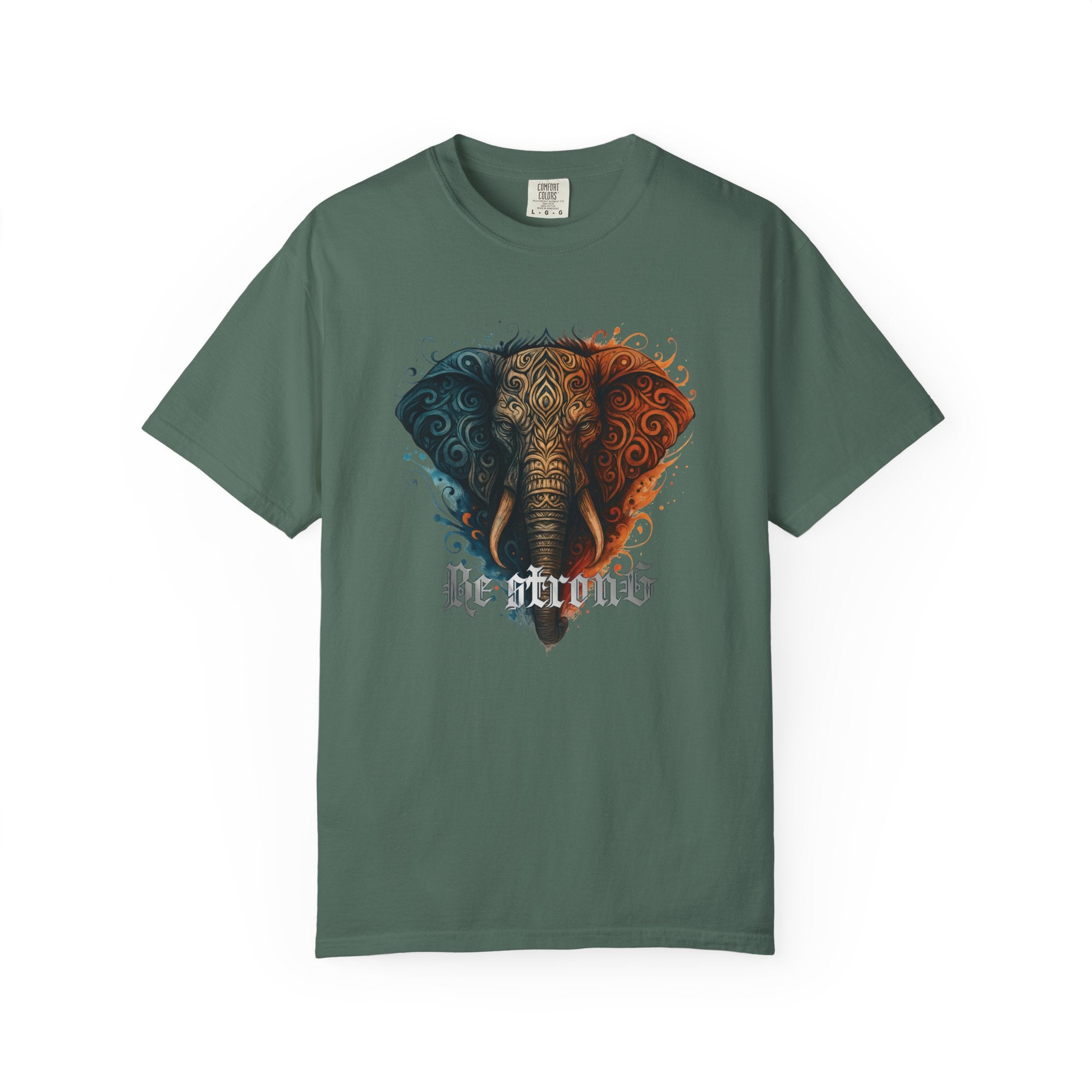 Elephant Head Graphic Tee — 'Be Strong' Tribal Art T-Shirt