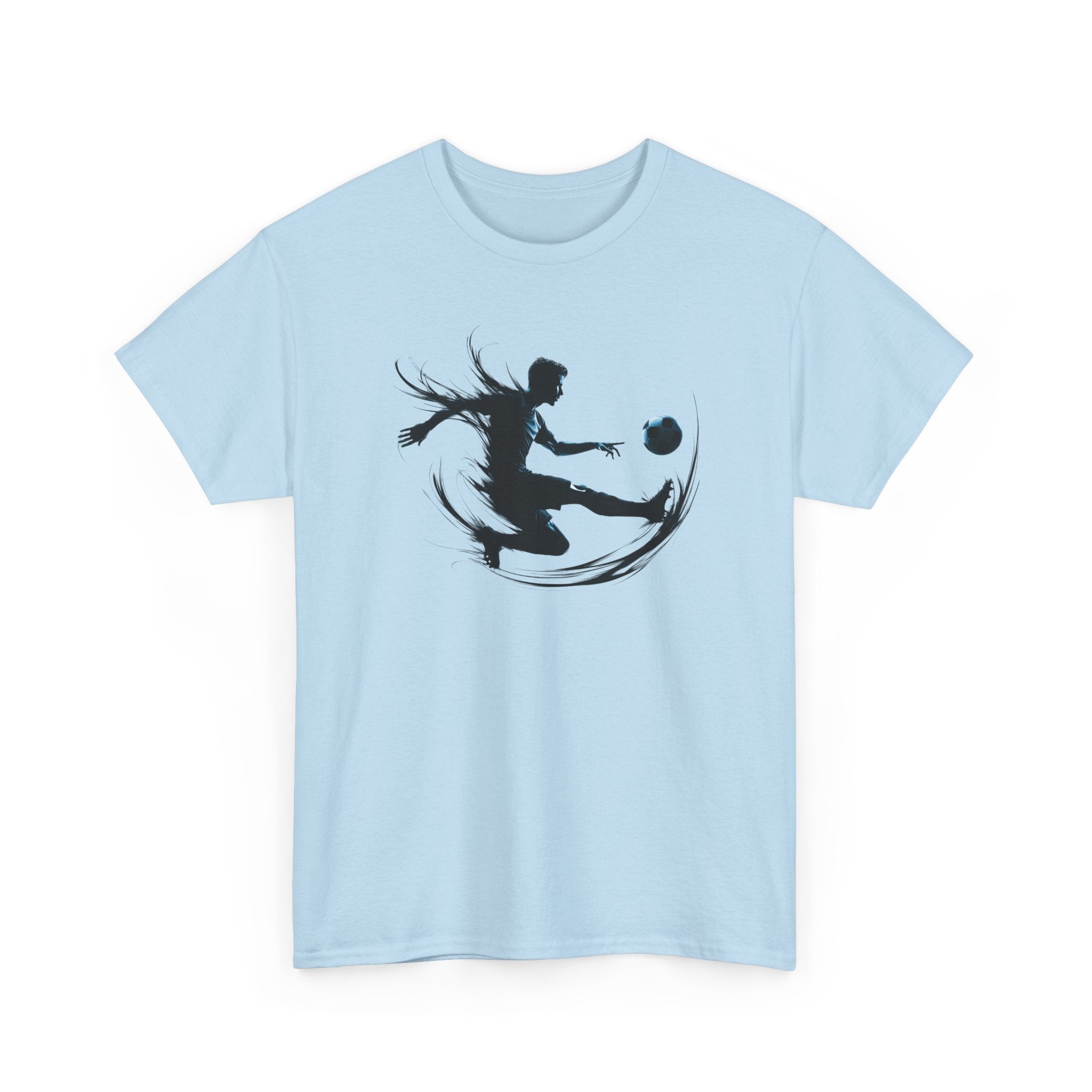 Soccer Player Silhouette Tee — Dynamic Kicking Football Graphic T-Shirt