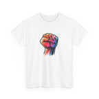 White t-shirt with colorful graphic of a raised fist and 'RESIST' text on a white background