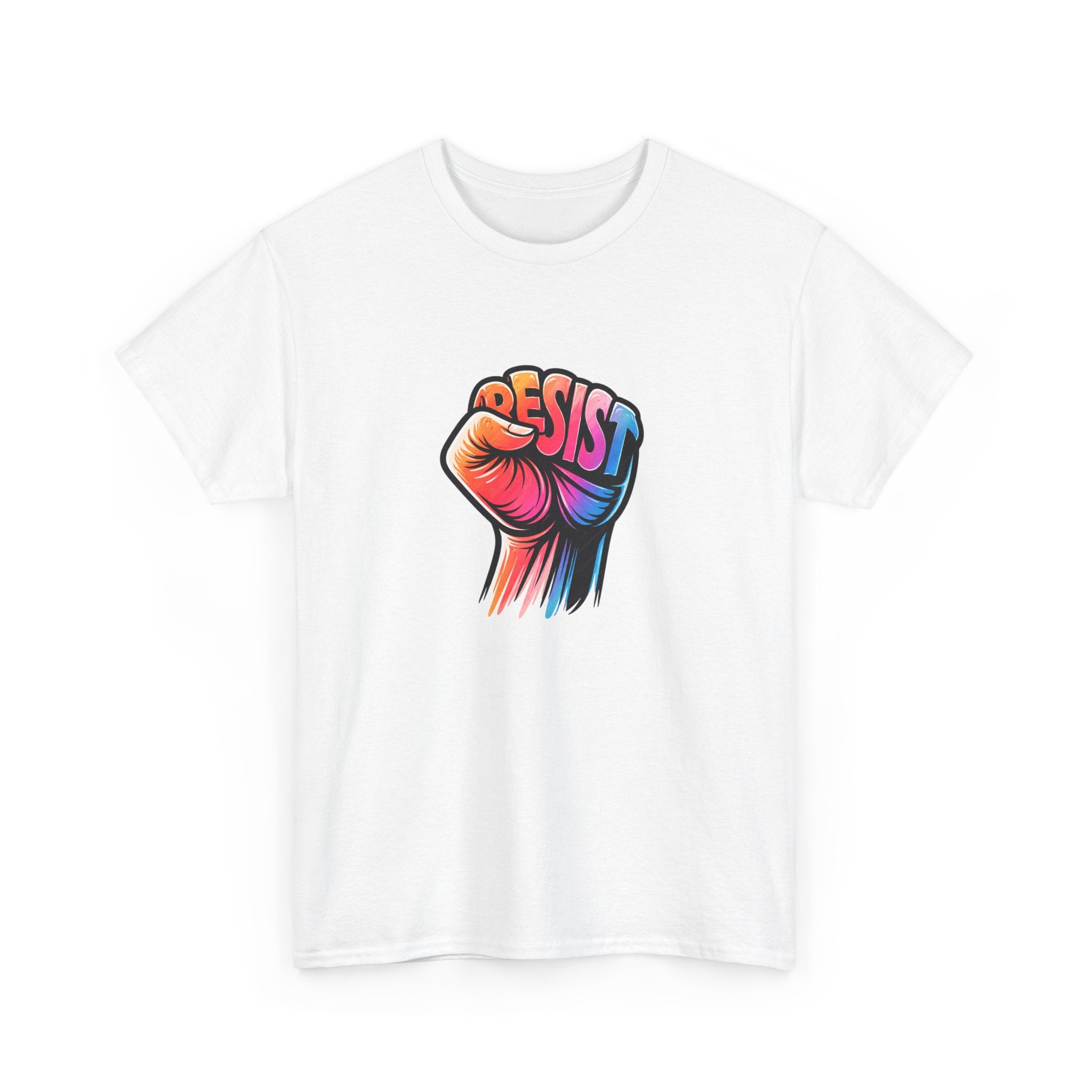 White t-shirt with colorful graphic of a raised fist and 'RESIST' text on a white background