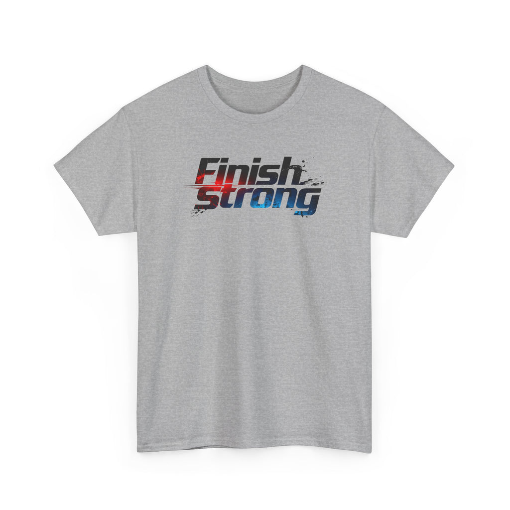 Gray t-shirt with 'Finish Strong' text design on a white background
