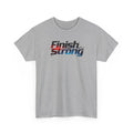 Gray t-shirt with 'Finish Strong' text design on a white background
