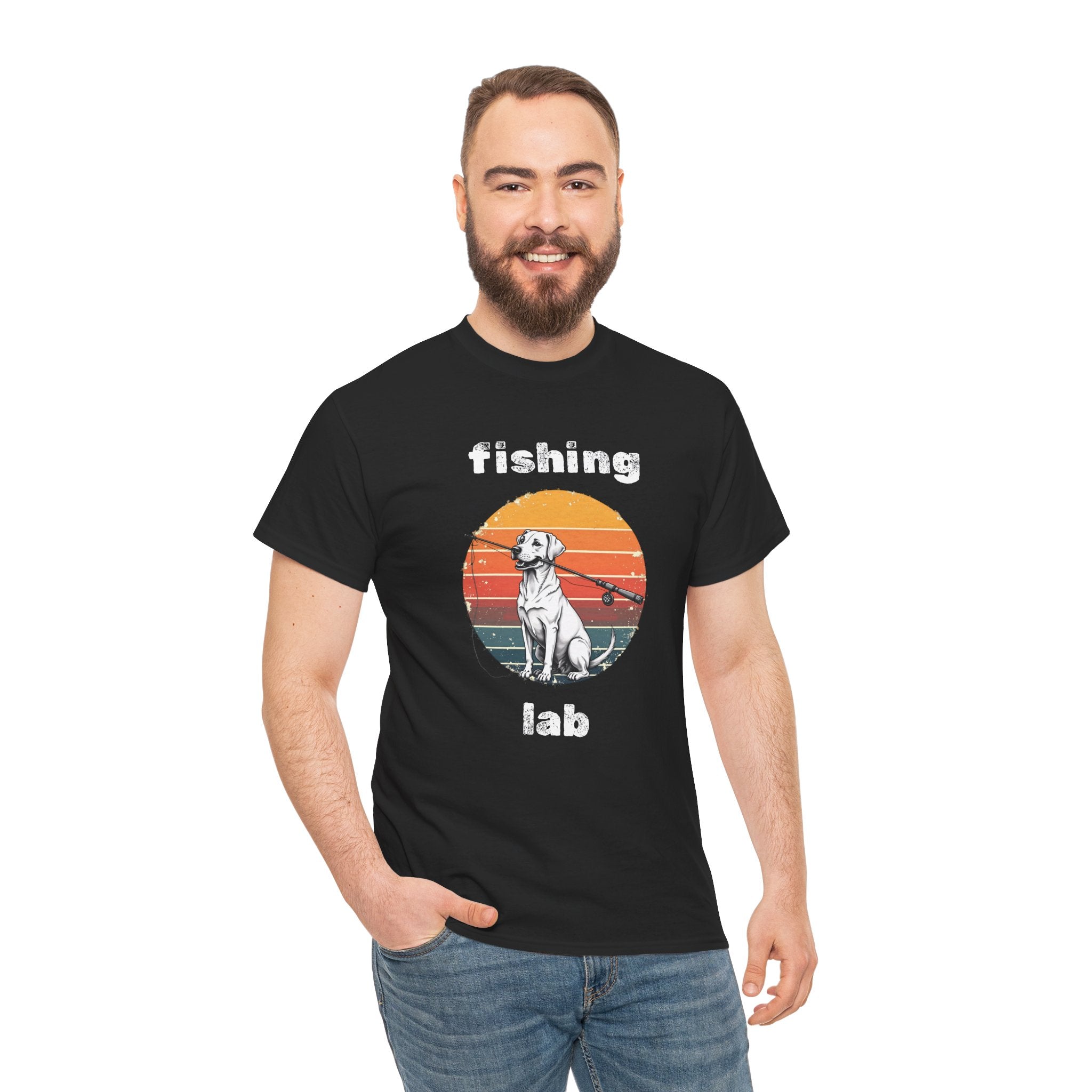 Fishing Lab T-Shirt — Retro Sunset Labrador Fishing Tee for Dog Lovers