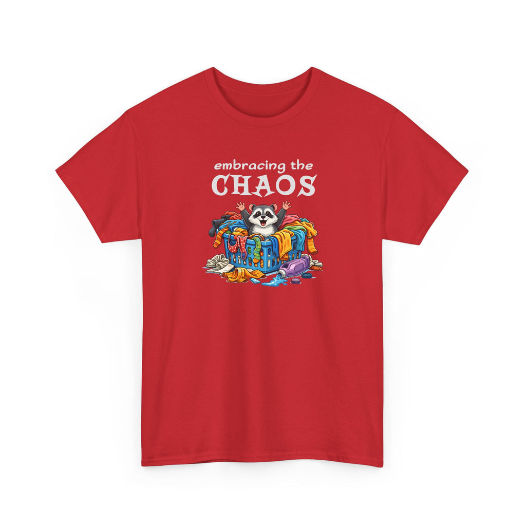 Embracing the Chaos T‑Shirt — Playful Raccoon & Messy Wardrobe Graphic Tee