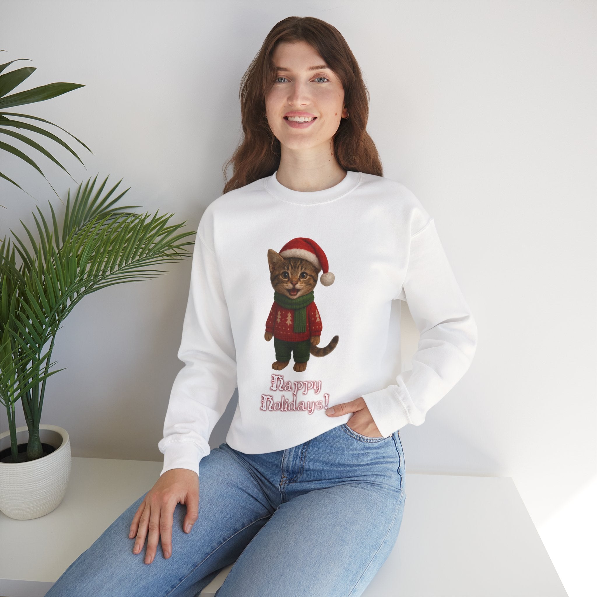Christmas Kitten Sweatshirt – 'Happy Holidays!' Cute Cat Holiday Crewneck