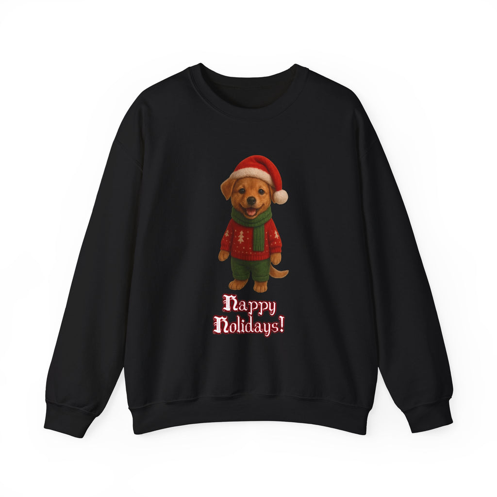 Crewneck Sweatshirt — Cute Puppy in Santa Outfit “Happy Holidays!” Christmas Sweater