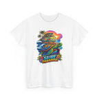 White t-shirt with a colorful graphic design featuring a van, palm trees, and the text 'Surf Paradise' on a white background.