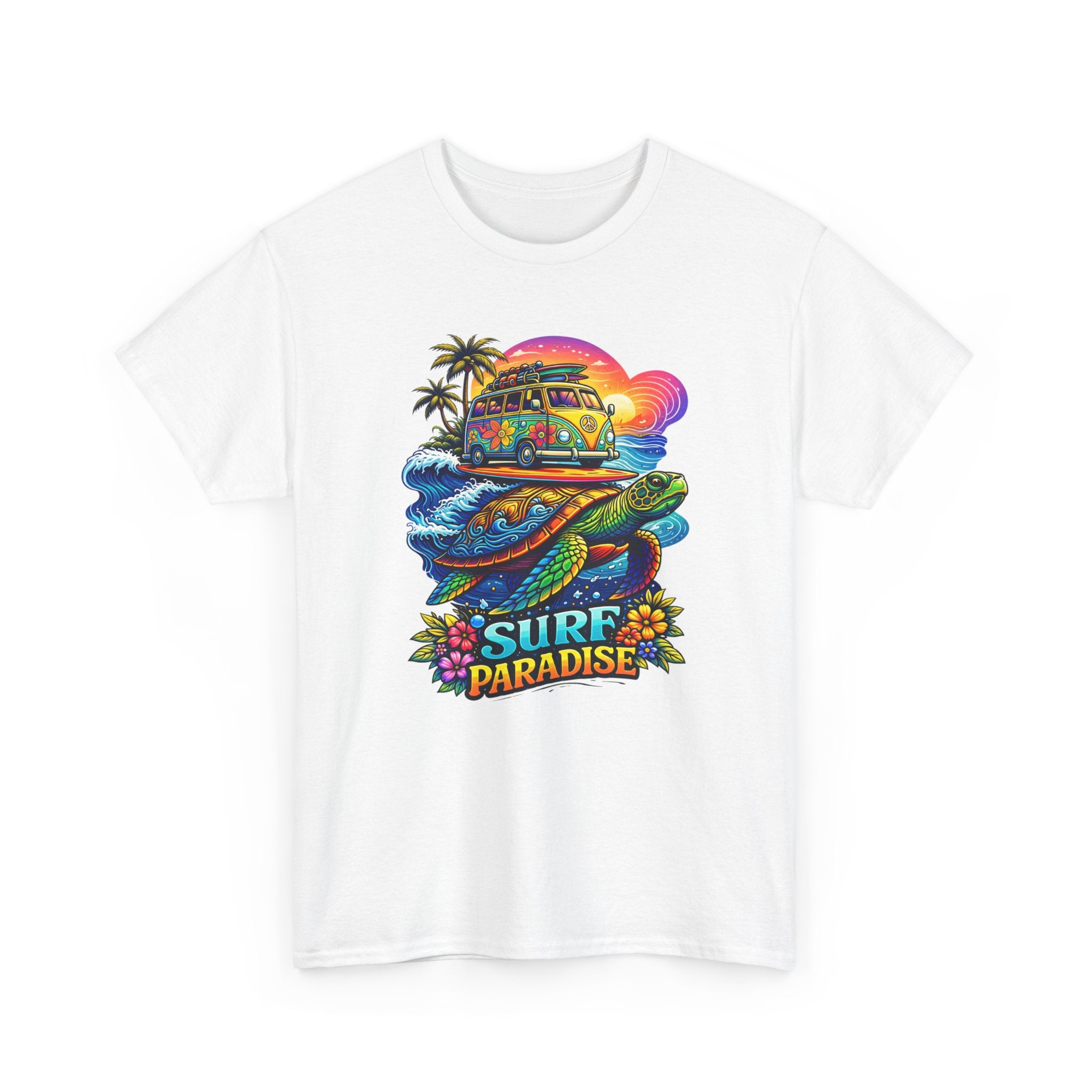 White t-shirt with a colorful graphic design featuring a van, palm trees, and the text 'Surf Paradise' on a white background.