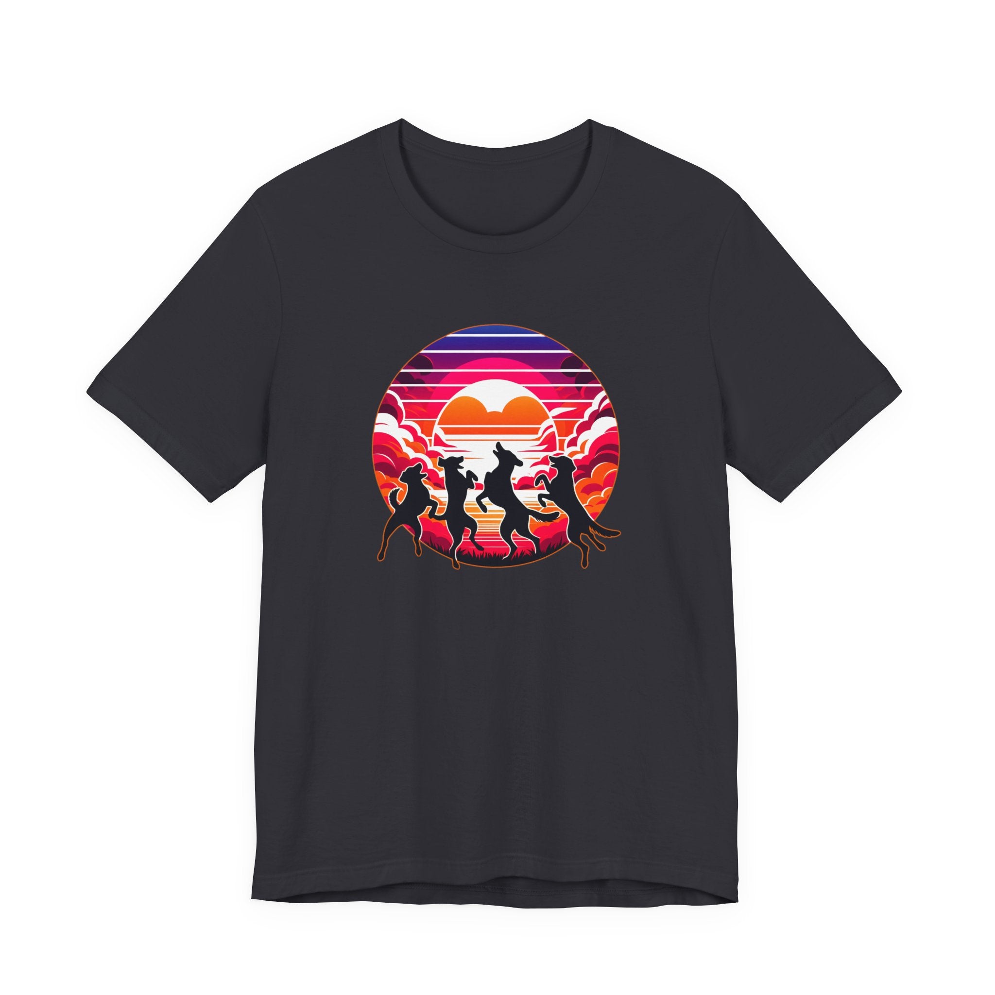 Retro Sunset Dancing Dogs T-Shirt — Vintage Rainbow Skyline Graphic Tee