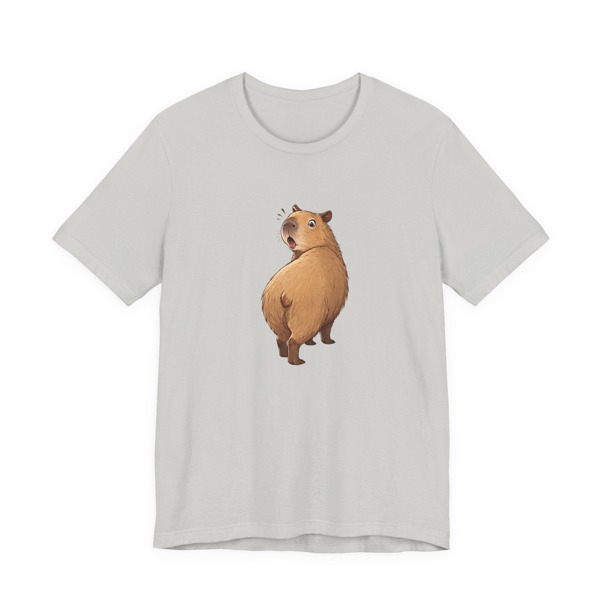 a funny graphic of a capybara walking away looking over shoulder with a wide eyed surprised look
