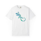 Vibrant blue-green tribal-style gecko illustration with swirling decorative patterns on a white background.