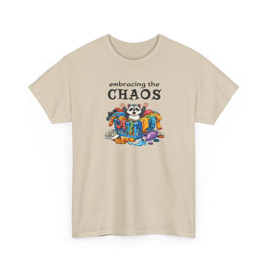 Embracing the Chaos T‑Shirt — Playful Raccoon & Messy Wardrobe Graphic Tee