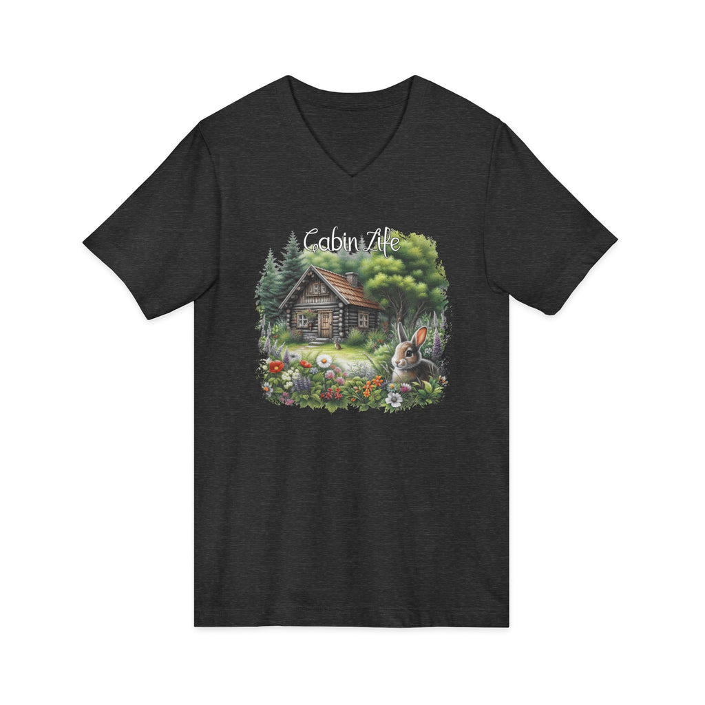 Cabin Life V-Neck Tee – Rustic Cottage & Bunny Nature Shirt