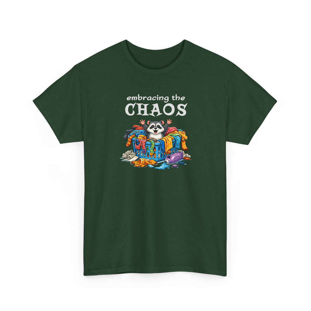 Embracing the Chaos T‑Shirt — Playful Raccoon & Messy Wardrobe Graphic Tee