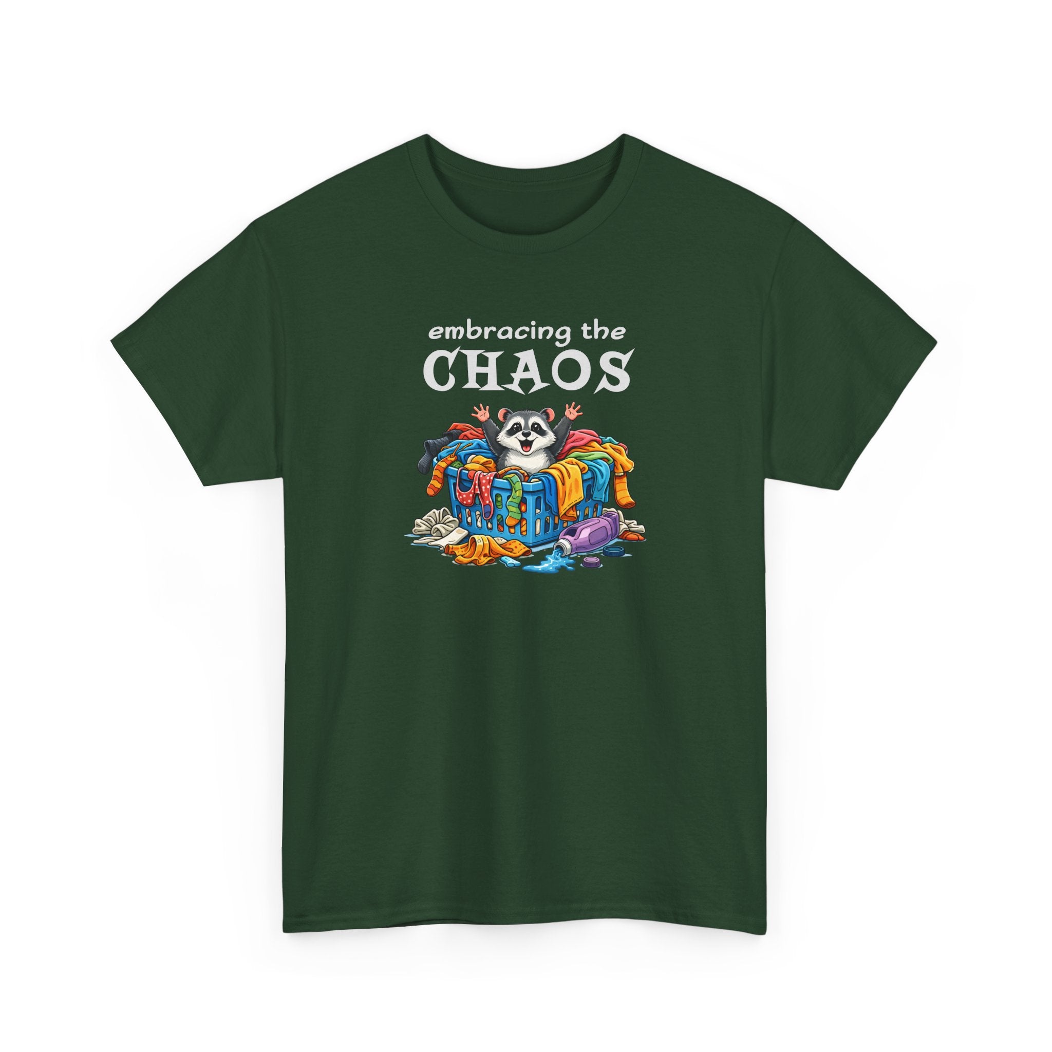 Embracing the Chaos T‑Shirt — Playful Raccoon & Messy Wardrobe Graphic Tee