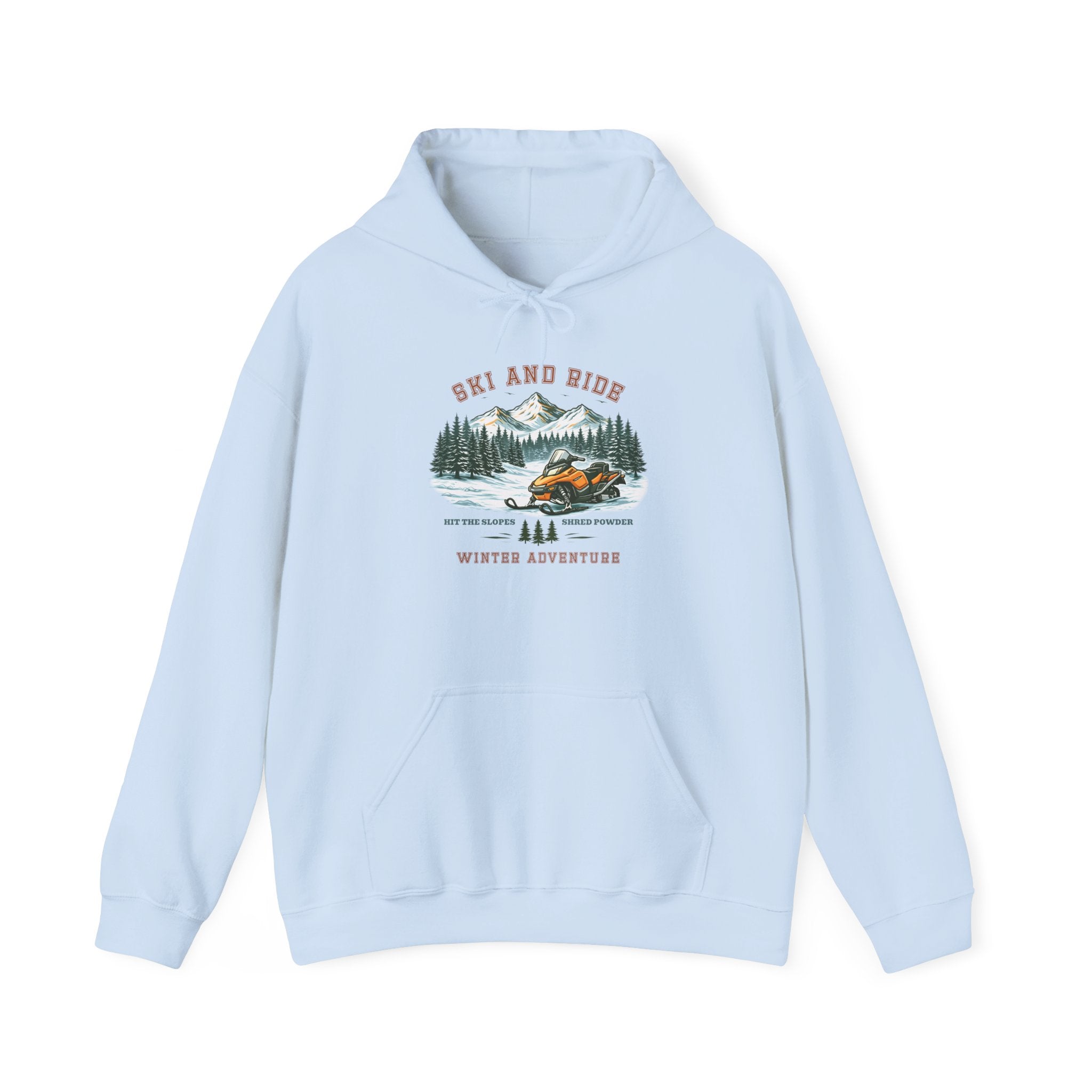 Snowmobile Ski and Ride Hoodie — Vintage Mountain Winter Adventure Pullover