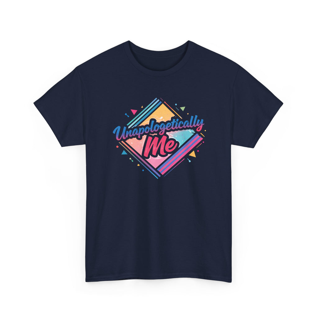 Navy blue t-shirt with colorful 'Unapologetically Me' design on a white background