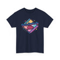Navy blue t-shirt with colorful 'Unapologetically Me' design on a white background