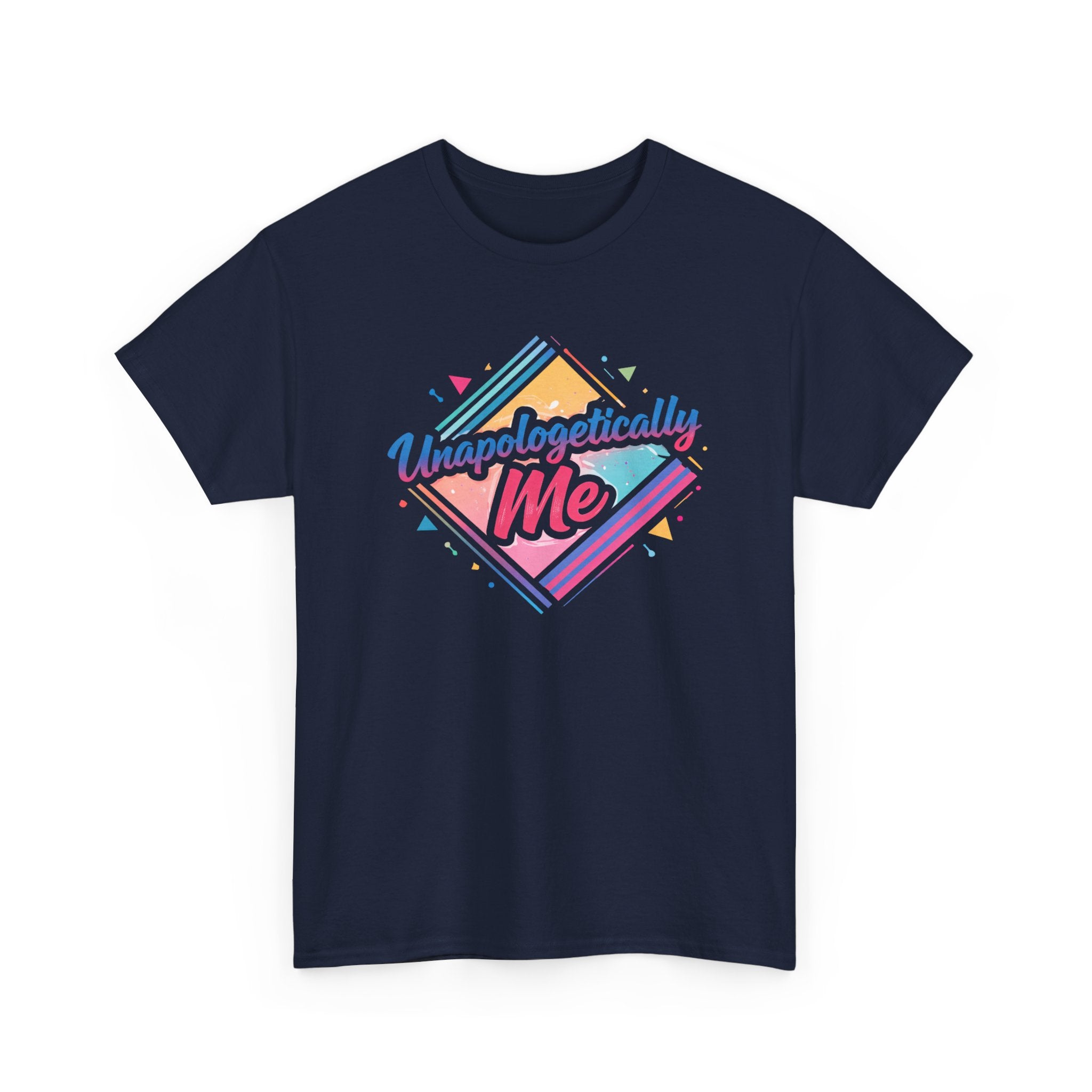 Navy blue t-shirt with colorful 'Unapologetically Me' design on a white background