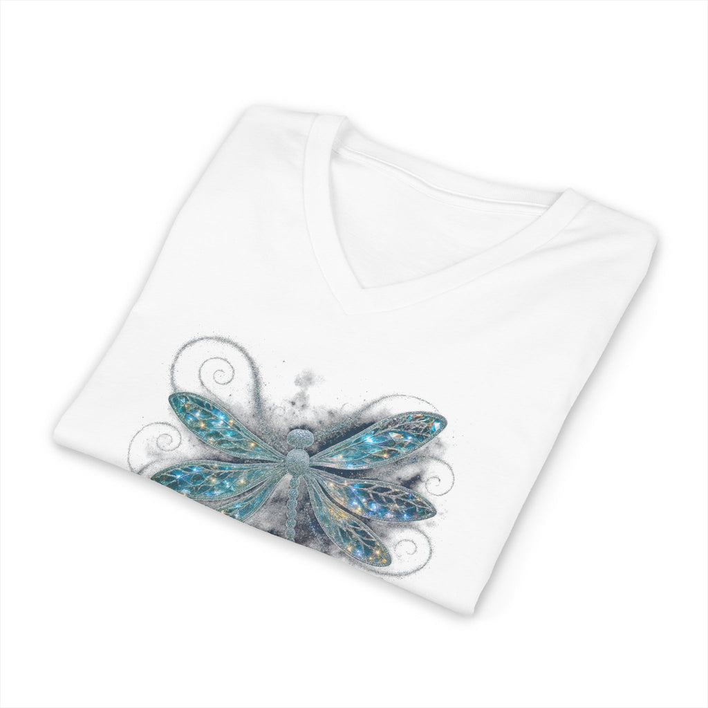 Dragonfly V-Neck Tee — Blue Glitter Floral Wing Graphic