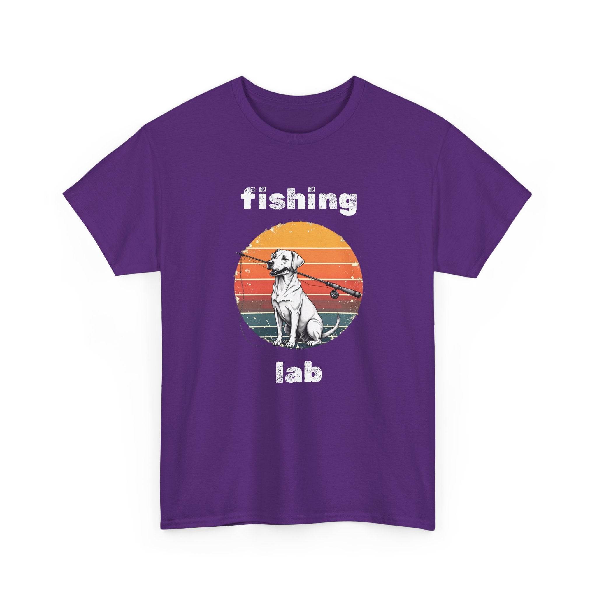 Fishing Lab T-Shirt — Retro Sunset Labrador Fishing Tee for Dog Lovers