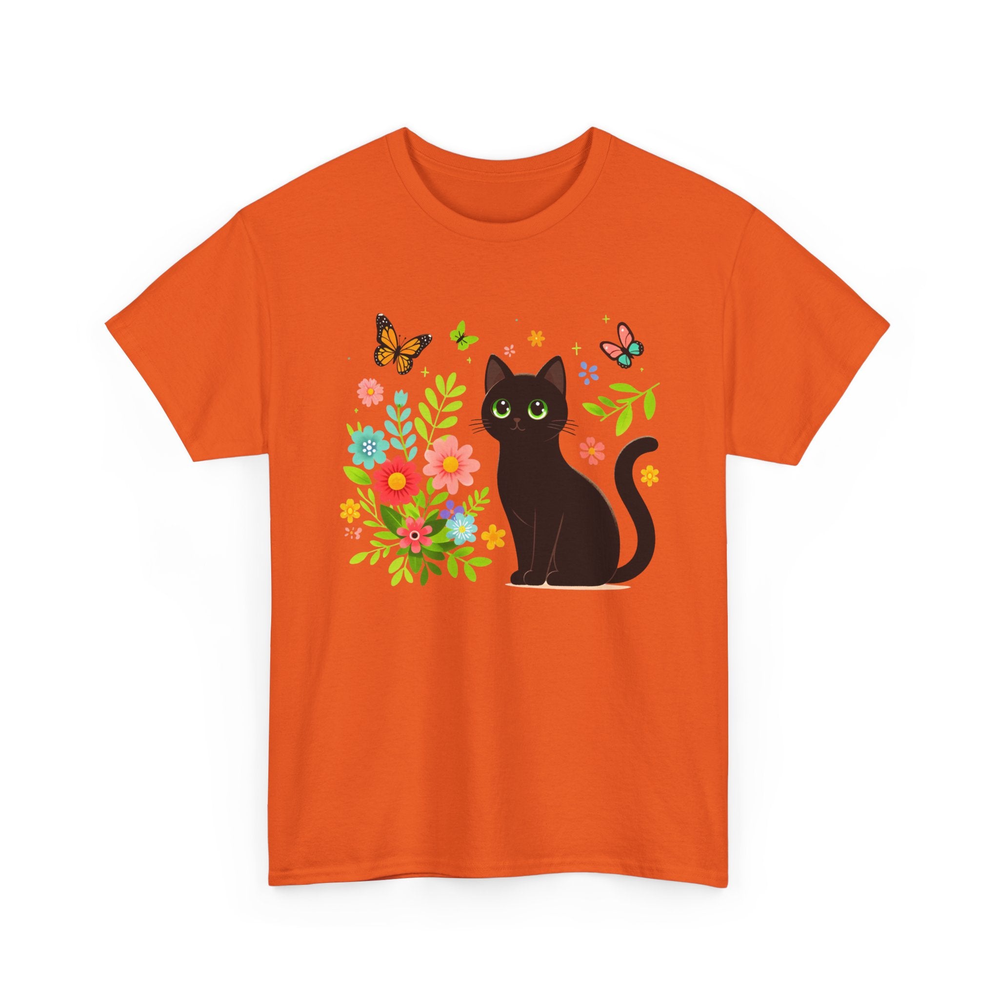 Black Cat Floral Tee - Cute Cat, Flowers & Butterflies Graphic T-Shirt