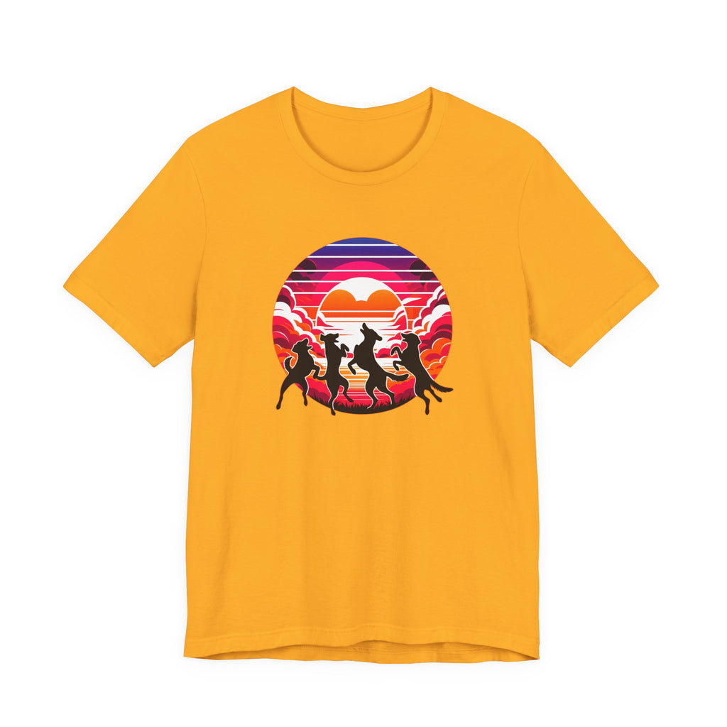 Retro Sunset Dancing Dogs T-Shirt — Vintage Rainbow Skyline Graphic Tee
