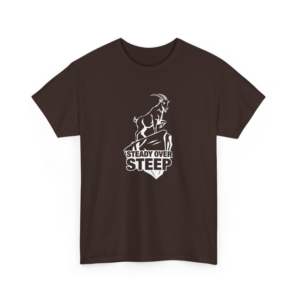 Steady Over Steep Mountain Goat T-Shirt — Motivational Hiking Logo Tee