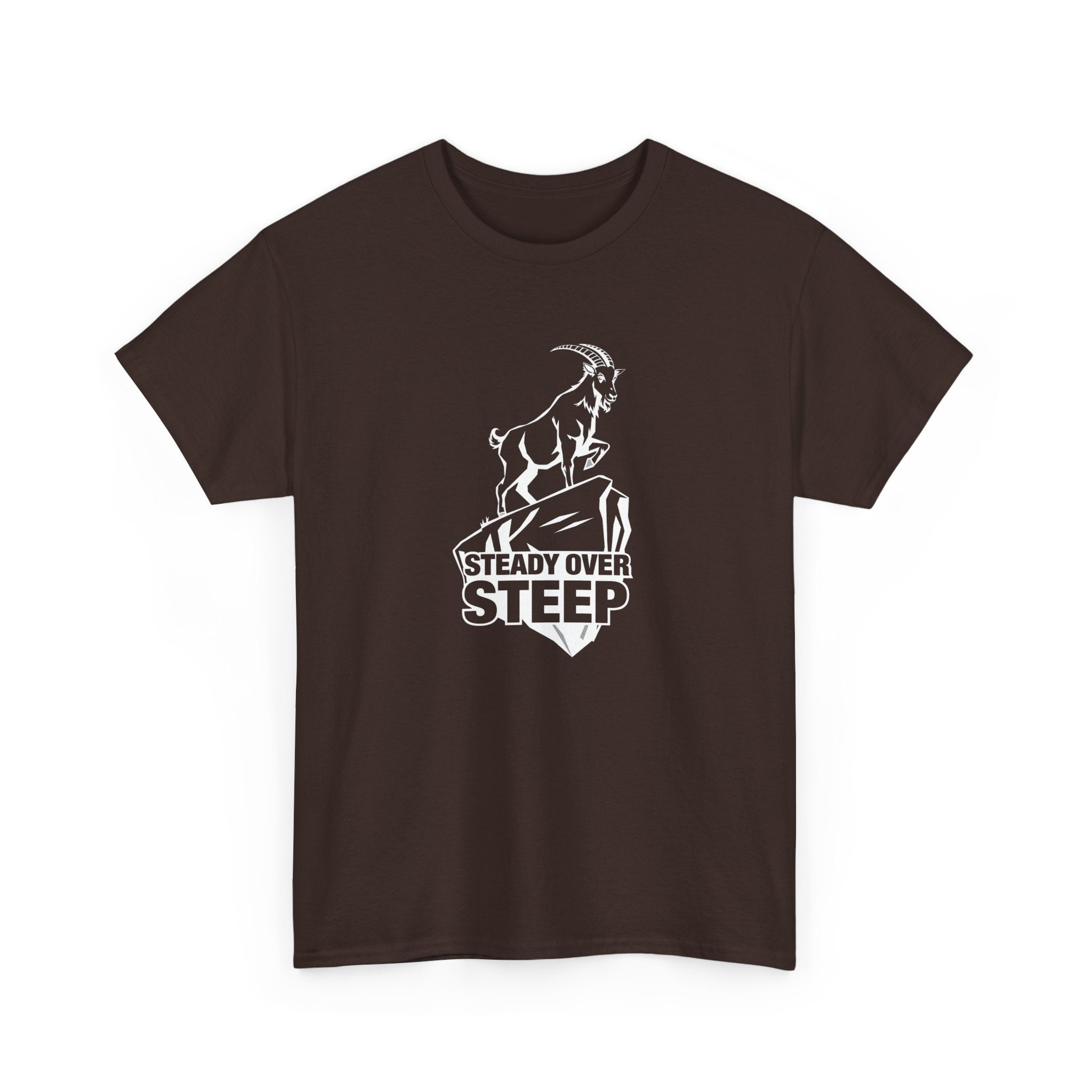 Steady Over Steep Mountain Goat T-Shirt — Motivational Hiking Logo Tee
