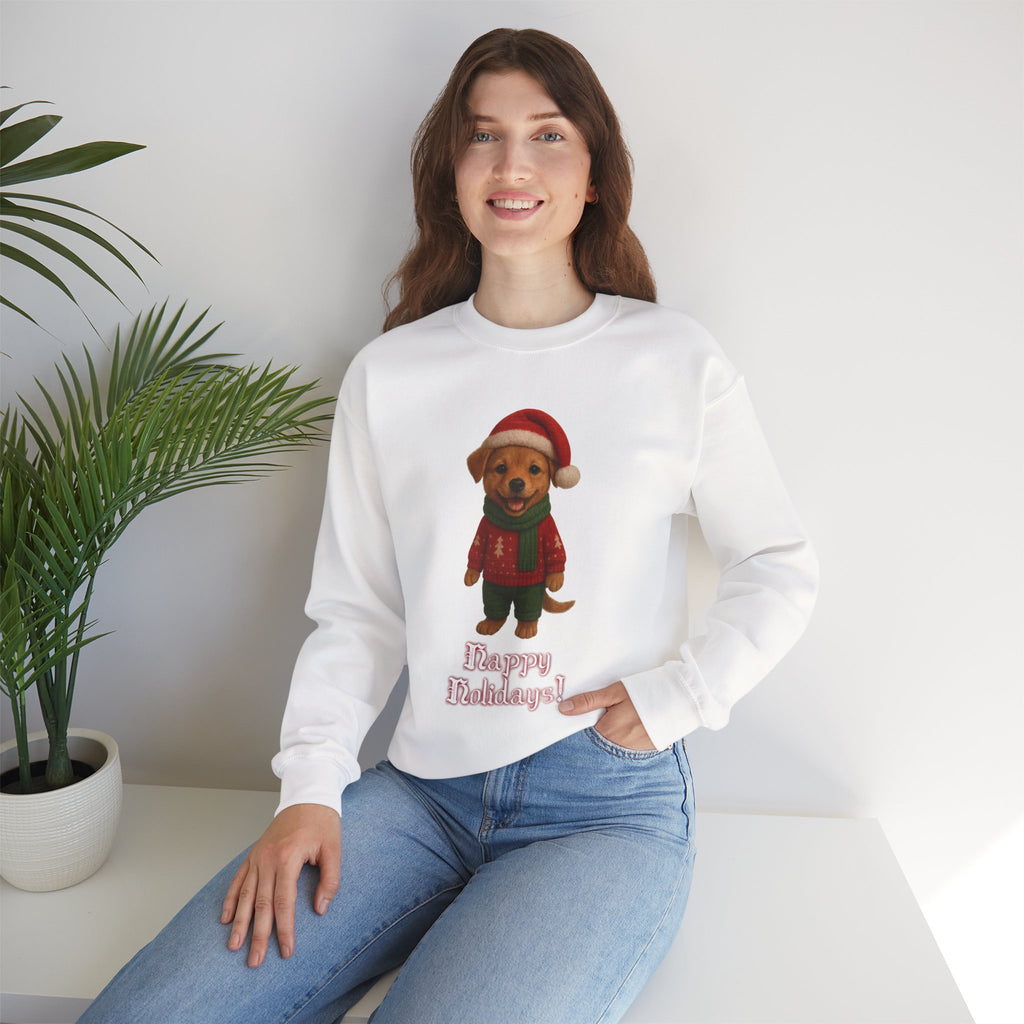 Crewneck Sweatshirt — Cute Puppy in Santa Outfit “Happy Holidays!” Christmas Sweater
