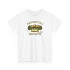 An outdoor scenic graphic with a canoe and lake with pine trees and mountains in the distance, with the text 'adventure awaits, stay wild, keep exploring', perfect for nature lovers.