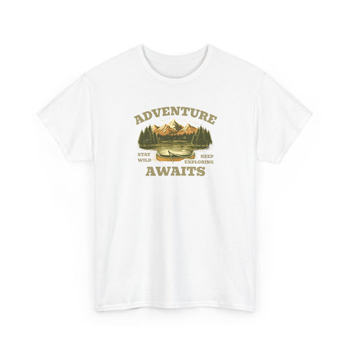 An outdoor scenic graphic with a canoe and lake with pine trees and mountains in the distance, with the text 'adventure awaits, stay wild, keep exploring', perfect for nature lovers.