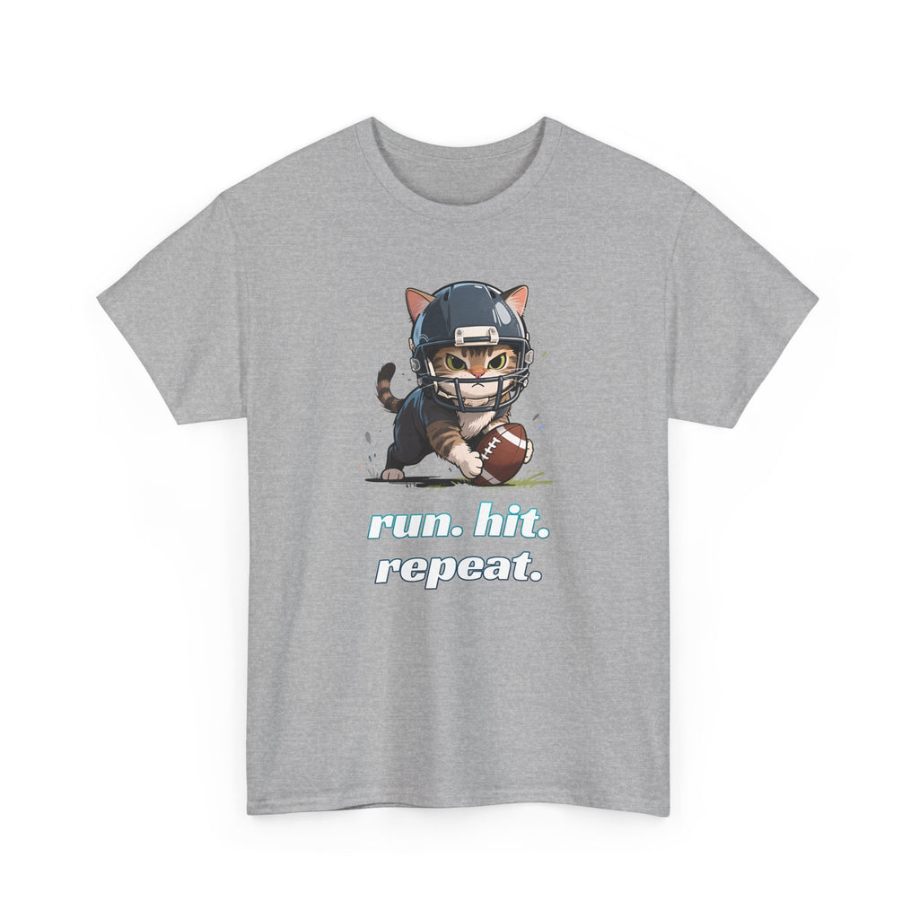 Gray t-shirt with a graphic of a cat in a football helmet and football, with text 'run. hit. repeat.' on a white background.