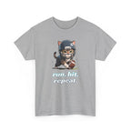 Gray t-shirt with a graphic of a cat in a football helmet and football, with text 'run. hit. repeat.' on a white background.
