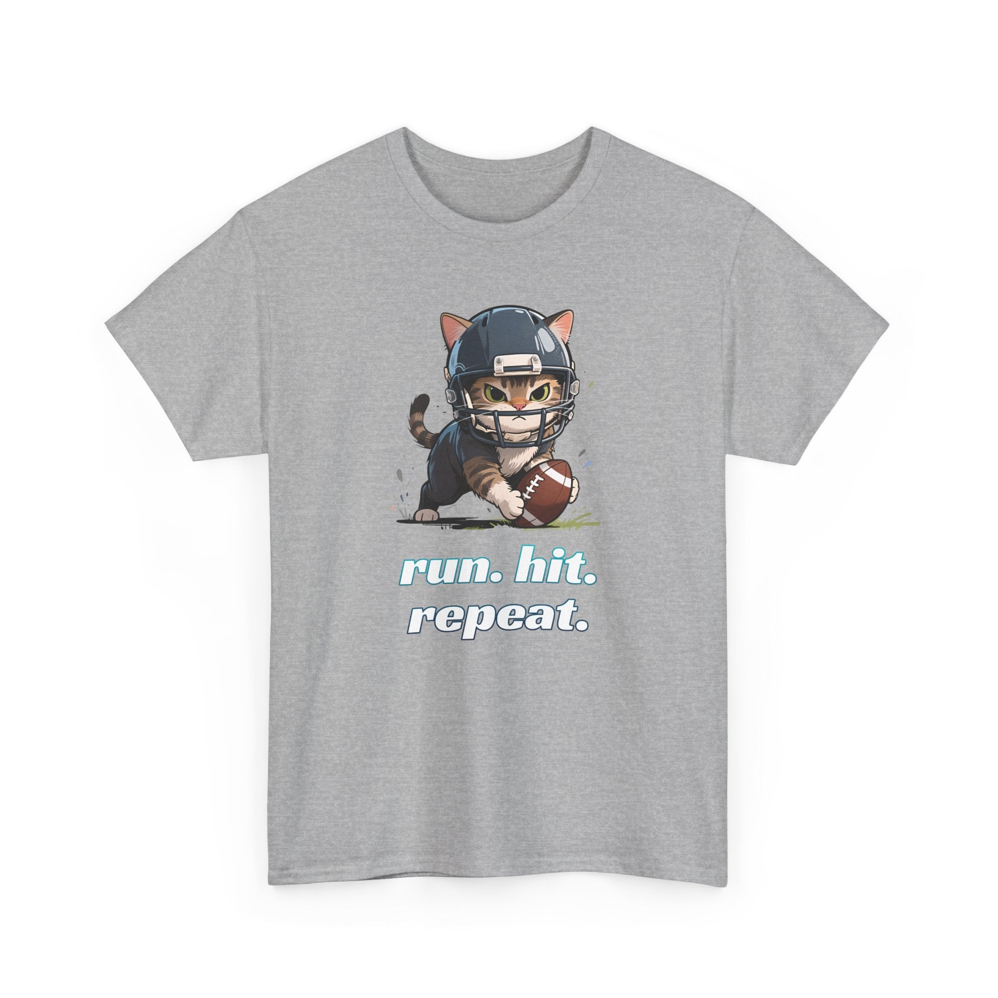 Gray t-shirt with a graphic of a cat in a football helmet and football, with text 'run. hit. repeat.' on a white background.