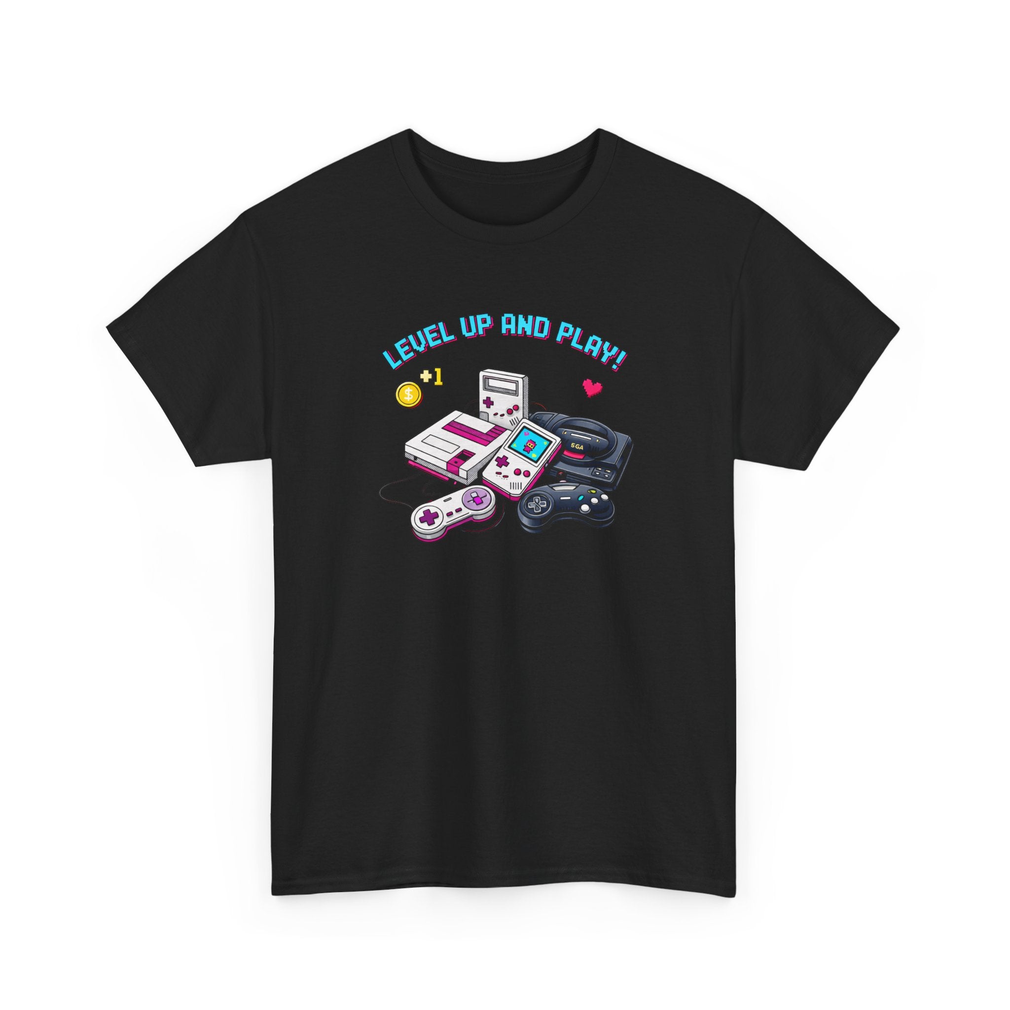 Black t-shirt with gaming-themed graphic and 'Level Up and Play!' text on a white background
