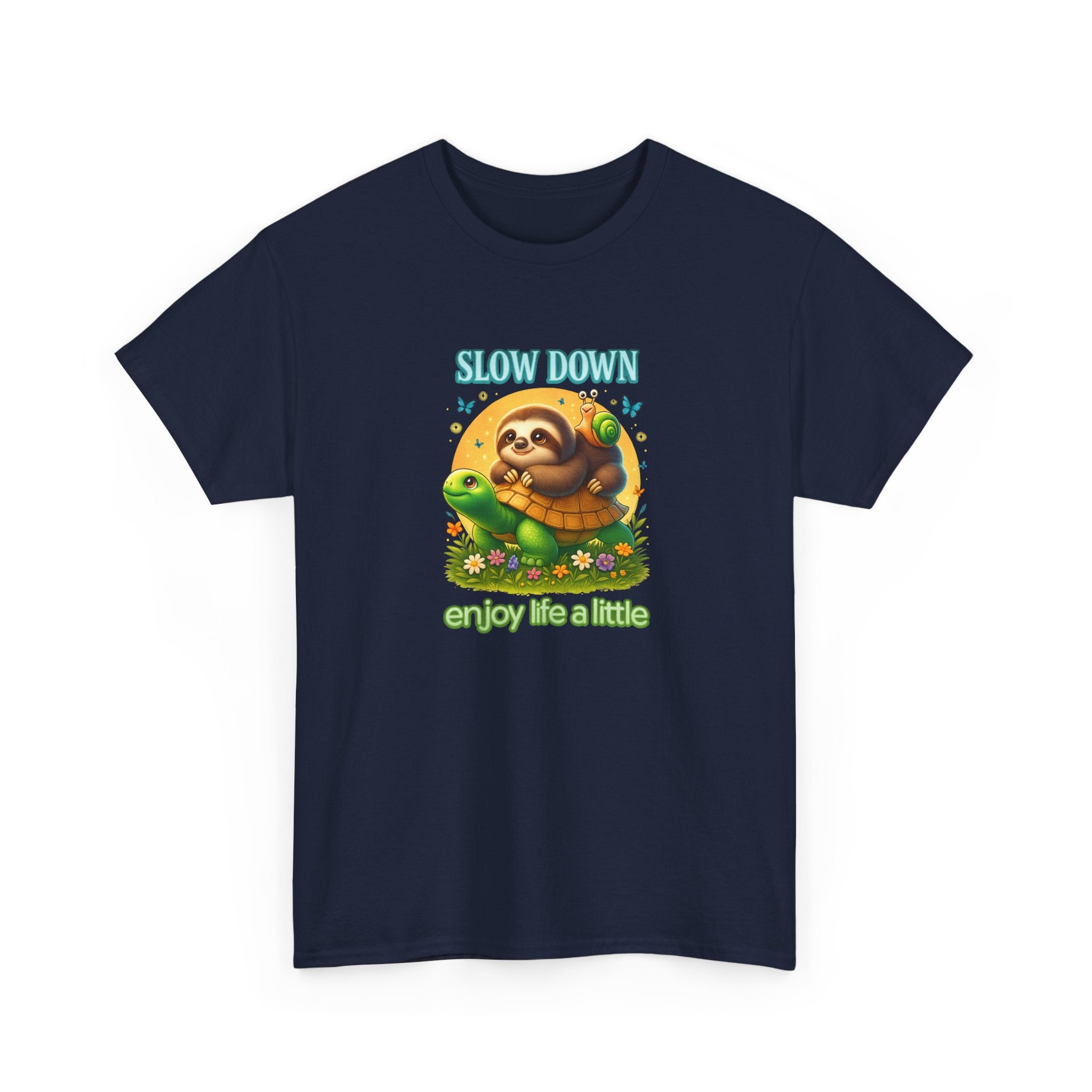 Slow Down Turtle Sloth & Snail V-Neck Tee — "Enjoy Life a Little" Relaxed Graphic Shirt