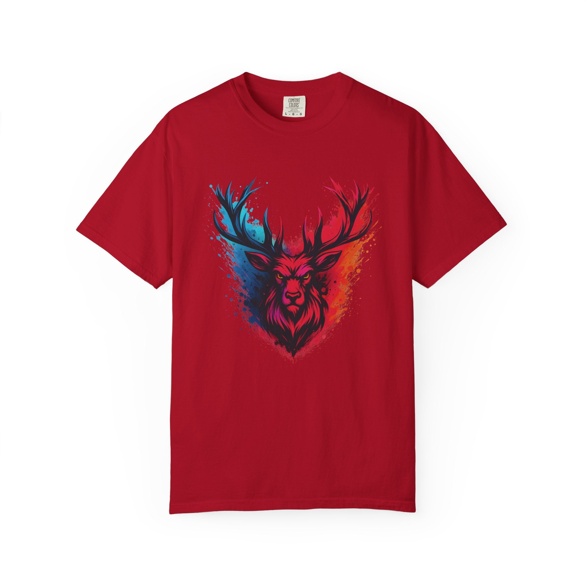 Stag Split-Color Splash T-Shirt — Red & Blue Deer Head Graphic