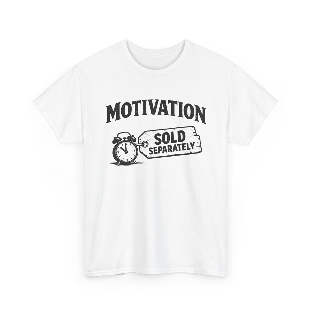 White t-shirt with black text 'motivation sold separately' and graphic design on a white background