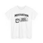 White t-shirt with black text 'motivation sold separately' and graphic design on a white background