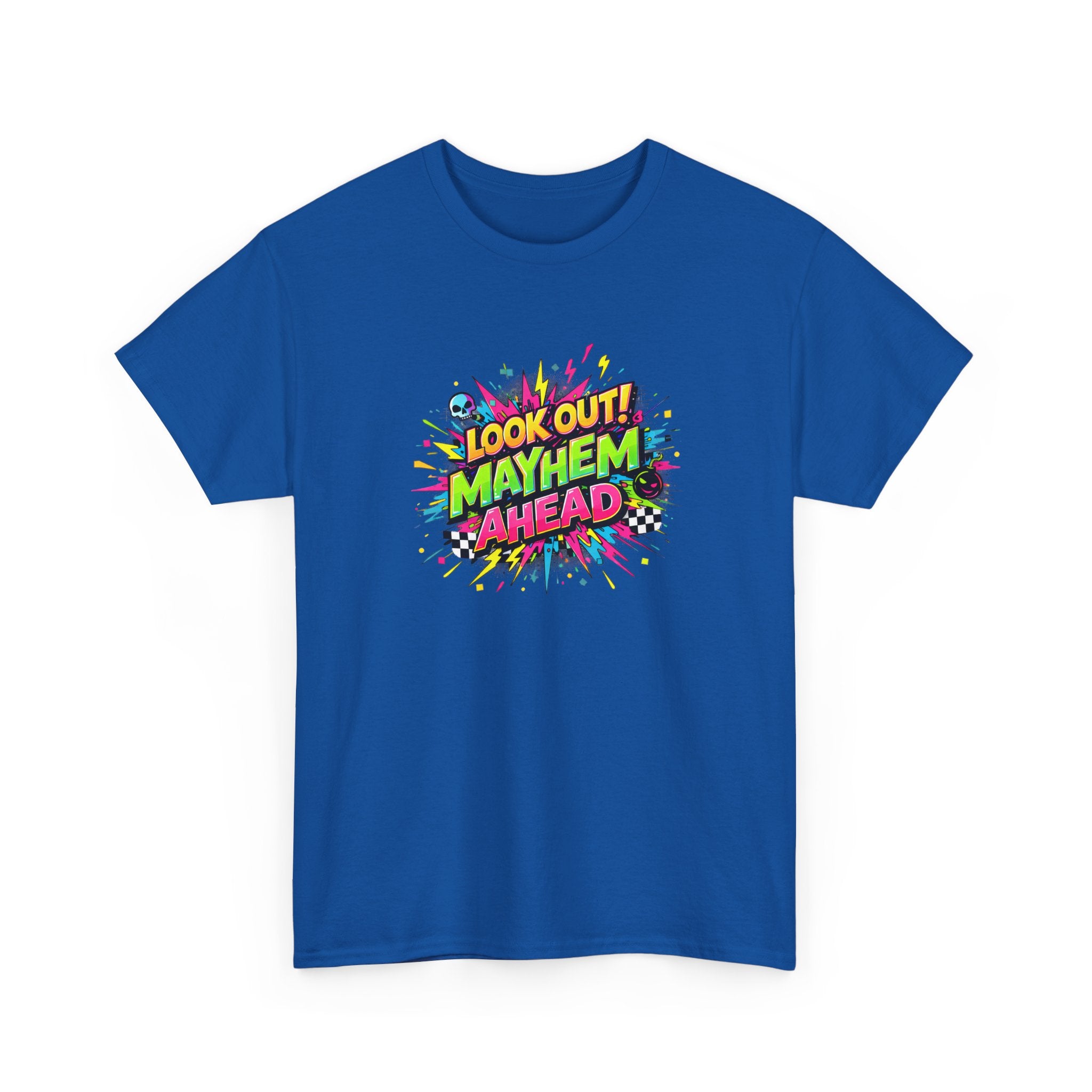 Look Out! Mayhem Ahead Graphic Tee — Colorful Retro Comic Humor Shirt