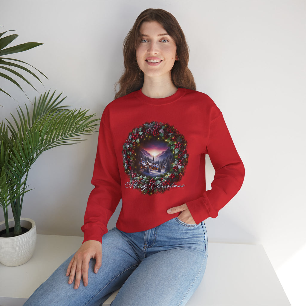 Christmas Wreath Crewneck Sweatshirt — Vintage Winter Scene Christmas Wishes