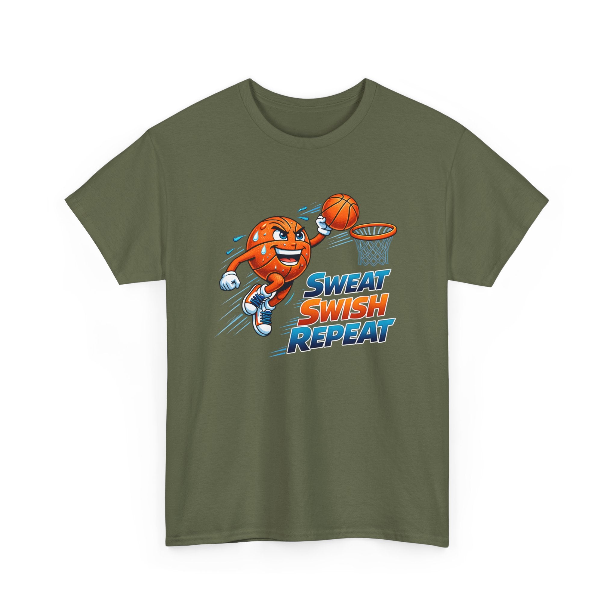 Sweat Swish Repeat Basketball T‑Shirt — Fun Hoop Cartoon Graphic Tee