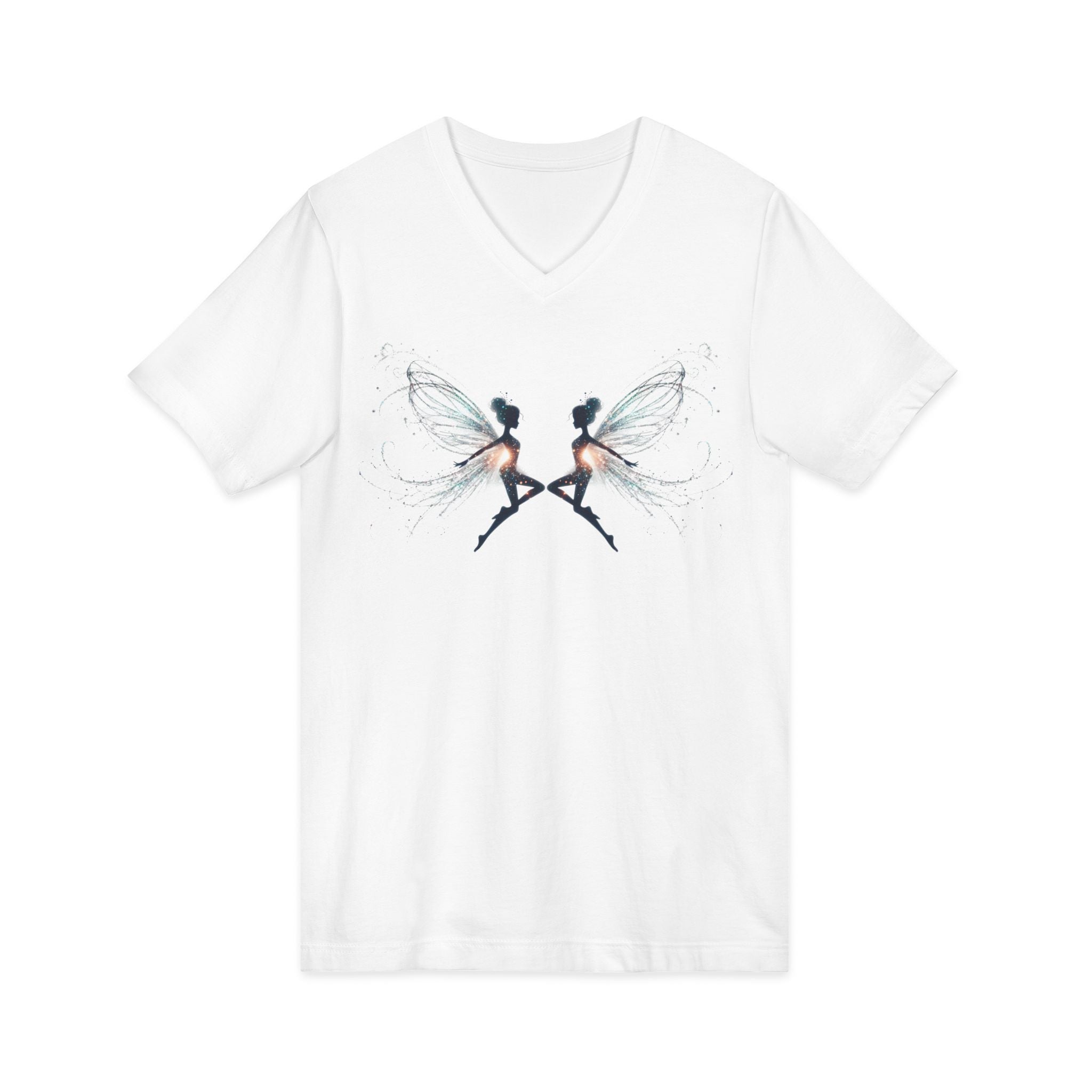 T shirt with symmetrical digital illustration of two glowing fairy silhouettes with ethereal wings and sparkling light effects on a black background, creating a magical fantasy art design.