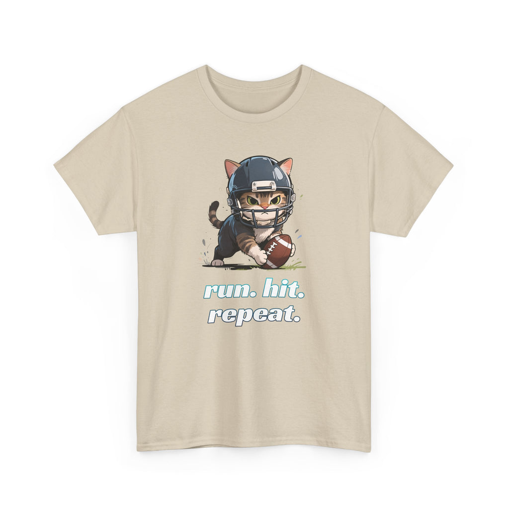 Funny Football Cat T-Shirt — "Run. Hit. Repeat." Cute Helmet Kitten Tee for Football Fans
