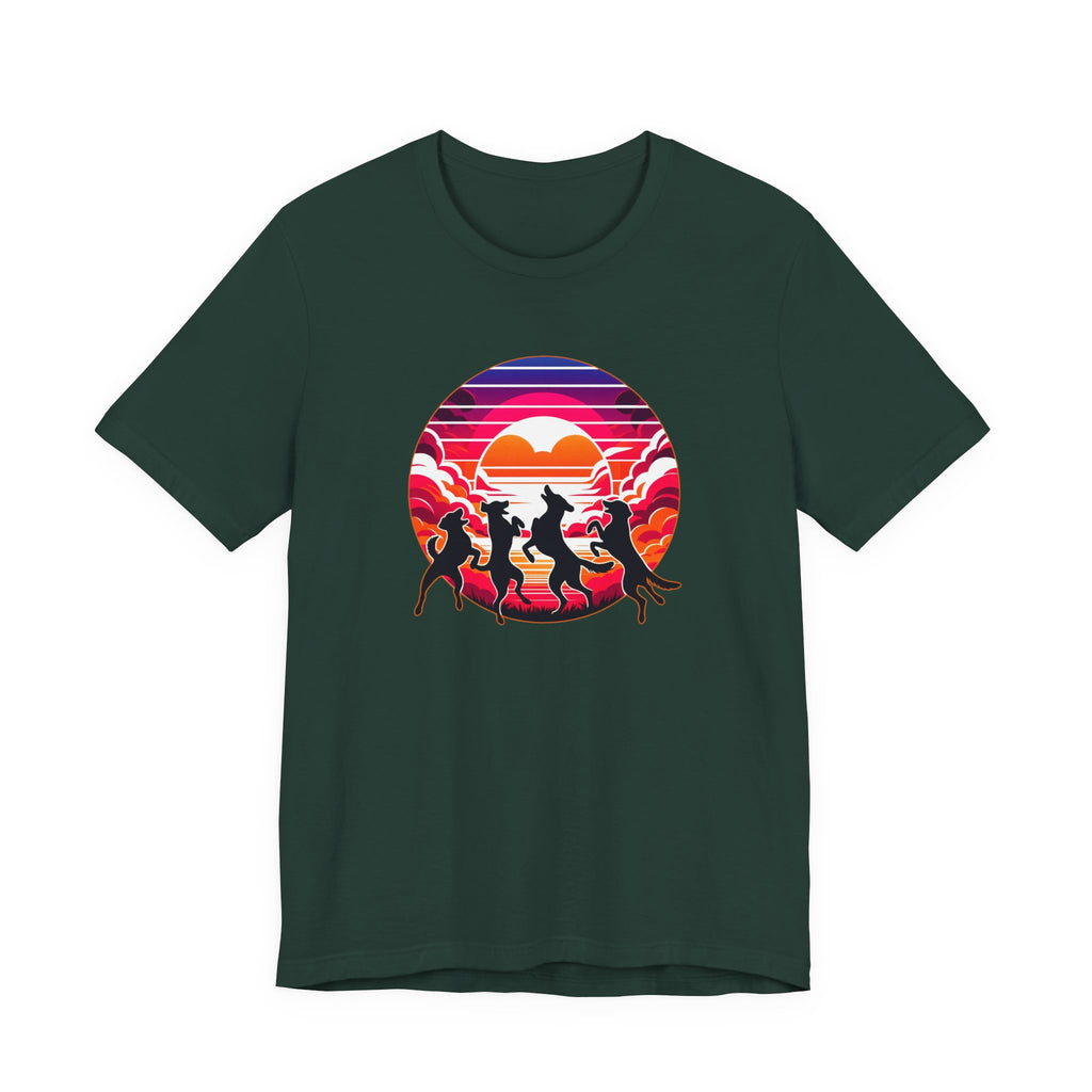 Retro Sunset Dancing Dogs T-Shirt — Vintage Rainbow Skyline Graphic Tee